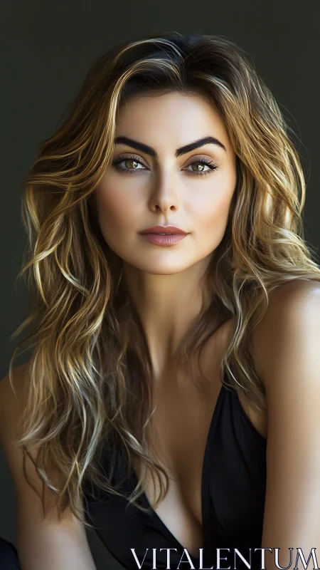 Portrait shows woman with wavy hair in soft studio light