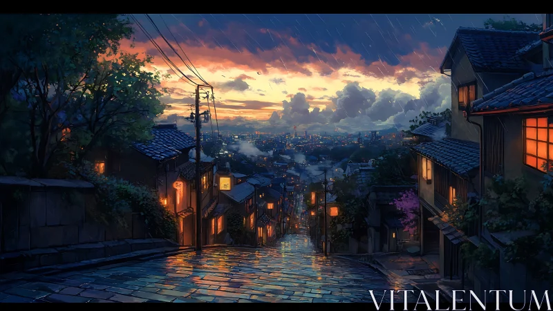 Rainy hillside street glowing above a dreaming twilight city.
