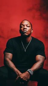 Cinematic portrait of seated man against saturated red field.