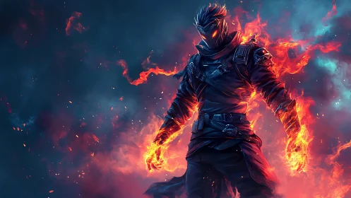 Fierce fire warrior emerging from swirling neon flames.