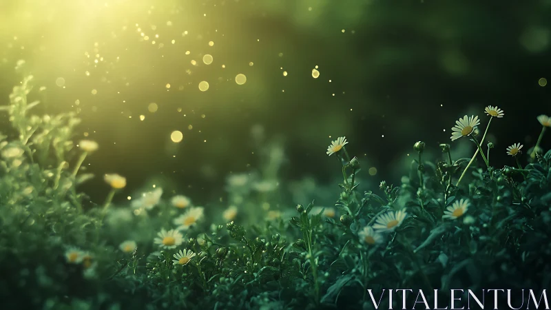 Wild daisies grow under backlit particles in green meadow