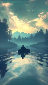 Solitary boat drifts toward misty mountains at serene dawn.