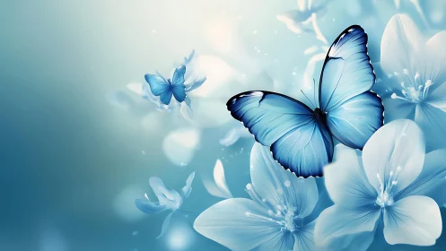 Blue butterfly drifts softly above ethereal pale blossoms.