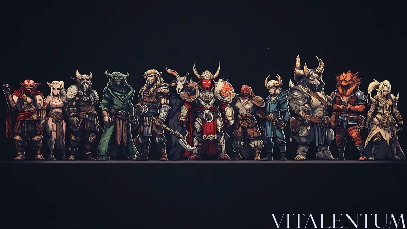 Digital fantasy lineup of armored RPG heroes in profile symmetry.