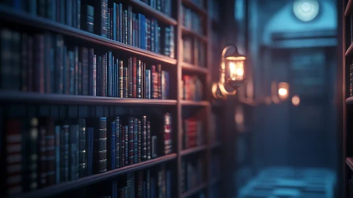 Lantern lit corridor library in moody cinematic focus.