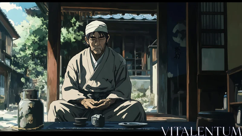 Old tea master drifts through noonlight in quiet village courtyard.