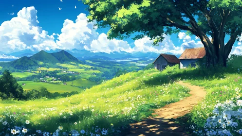 Hillside path leads past rural houses toward distant mountains