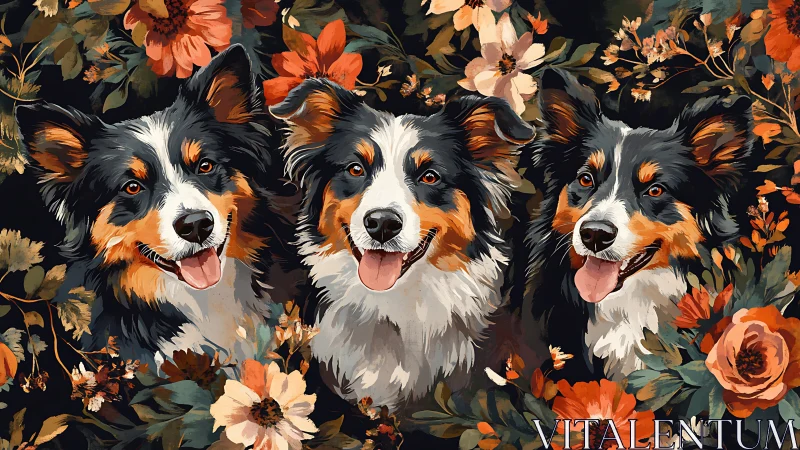Flower-crowned border collie trio beams from autumn jungle