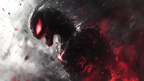 Brooding dark creature wrapped in swirling red energy glow.