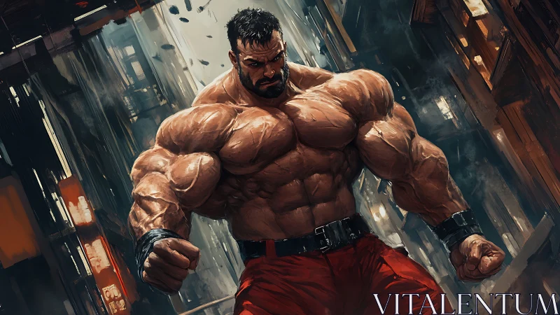 Muscular male fighter stands tensed in a dark urban alley