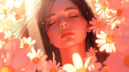 Sun-drenched daydreamer drifting in a daisy halo.