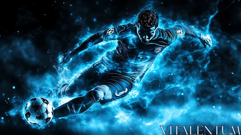 Electric blue striker exploding through cosmic football fire.