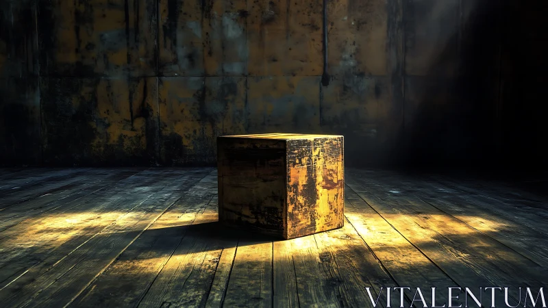Lone golden crate bathing in a cinematic shaft of mystery light.