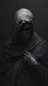 Shrouded hooded figure in dark monochrome draped cloths.
