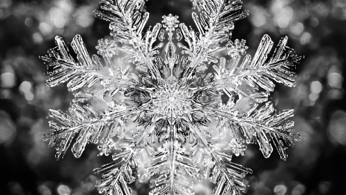 Single snowflake captured in sharp monochrome macro view
