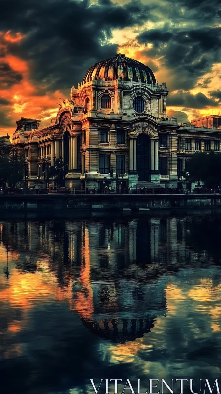 Baroque dome architecture mirrored in chromatic sunset water.