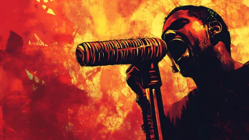 Digital painting of rock singer screaming into vintage mic.