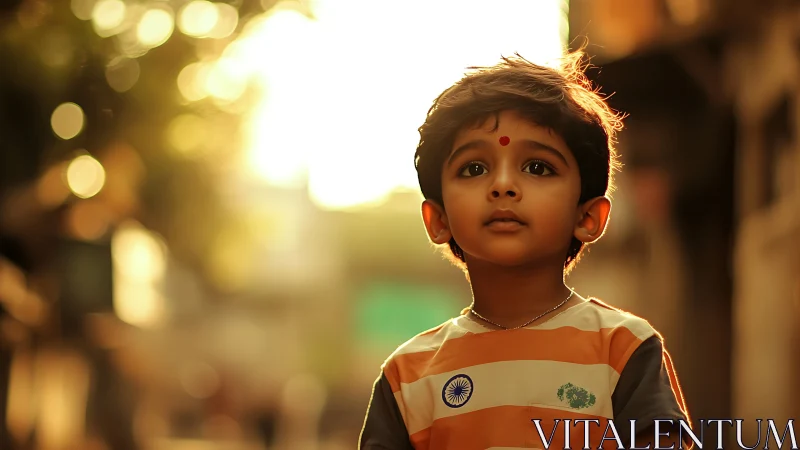 Young boy in Indian flag shirt gazes thoughtfully at golden light