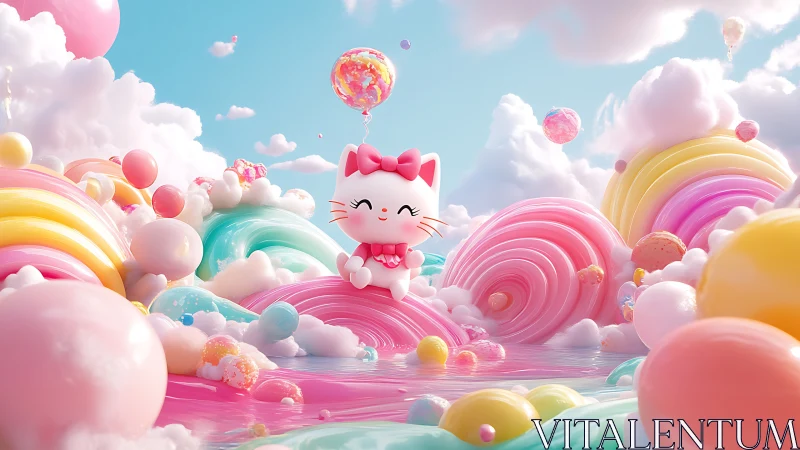 Whimsical Pastel Fantasy: Smiling Cat Character in Dreamscape.