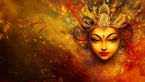 Divine goddess portrait in ornate gold crown, warm fire hues