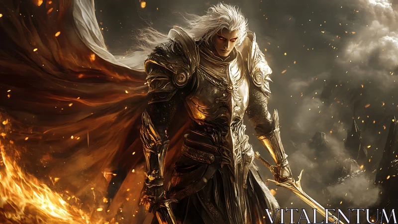 Armored figure with dual swords stands amid drifting embers