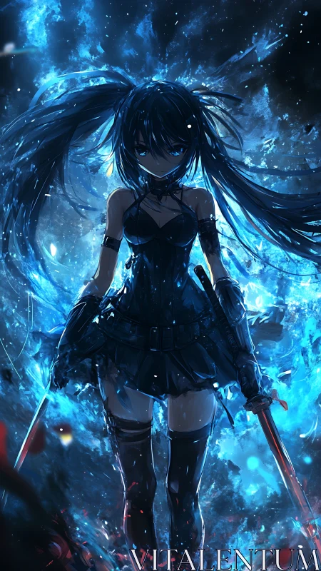 Blade-wielding anime warrior rises from a storm of blue flame