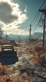 Desolate postwar roadway with rusted sedan and leaning power lines