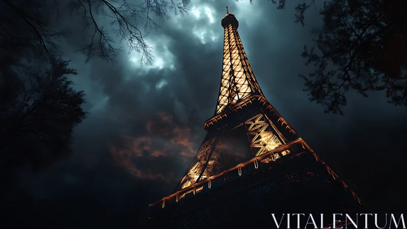 Eiffel Tower burns through storm-dark Paris night sky.