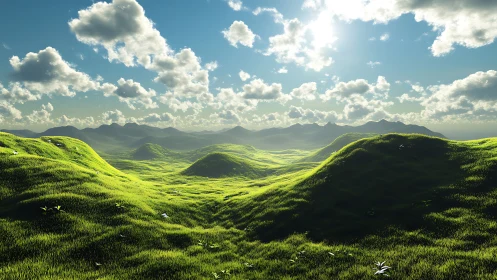 Sunlit green hills roll gently under a bright summer sky