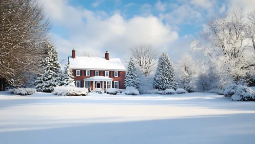 Colonial residence in symmetric snow-laden winter landscape.