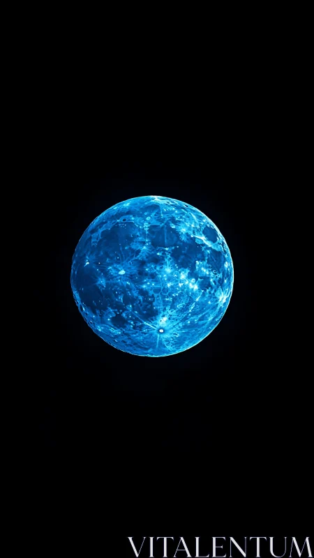 Luminous blue moon glows against a stark black void.