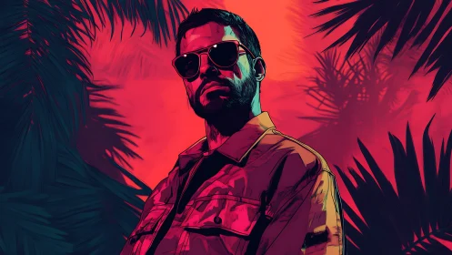 Neon jungle portrait of sunglasses man at tropical dusk.