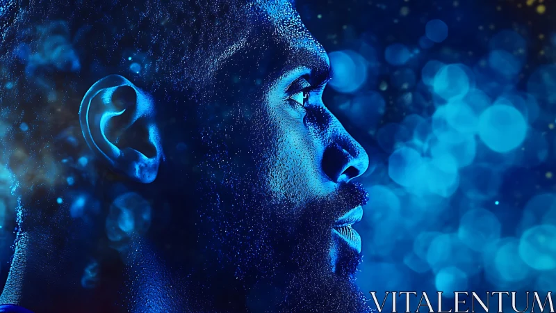 Side profile portrait in blue digital lighting effect.