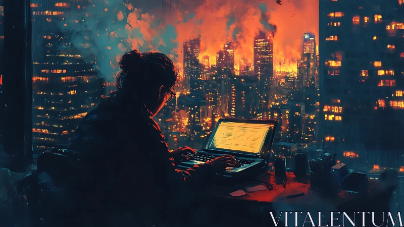 Solitary cybernetic operator during urban conflagration runtime.