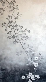 Monochrome floral branch ascends across textured gradient ground