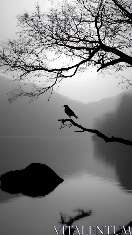 Monochrome lacustrine silhouette with perched corvid and reflection.
