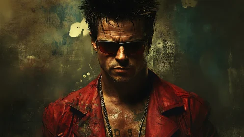 Brooding rebel in a red jacket against a moody backdrop.