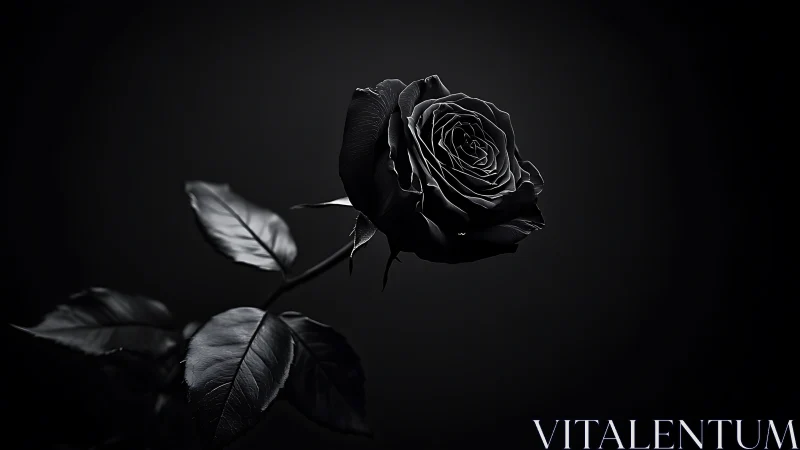 Single black rose rendered in high contrast grayscale lighting