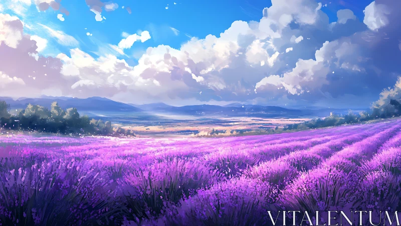 Atmospheric perspective over procedurally lit lavender terraces.