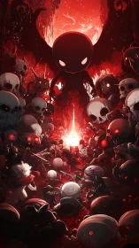 Dark winged overlord commands skull horde in crimson abyss.