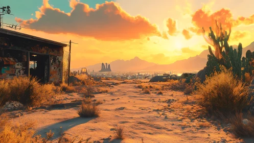Desert foreground overlooks distant city under low sun