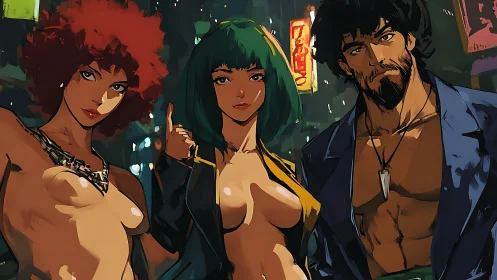 Stylized neon city trio in anime-inspired night street scene