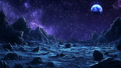 Rocky extraterrestrial landscape under distant blue planet.