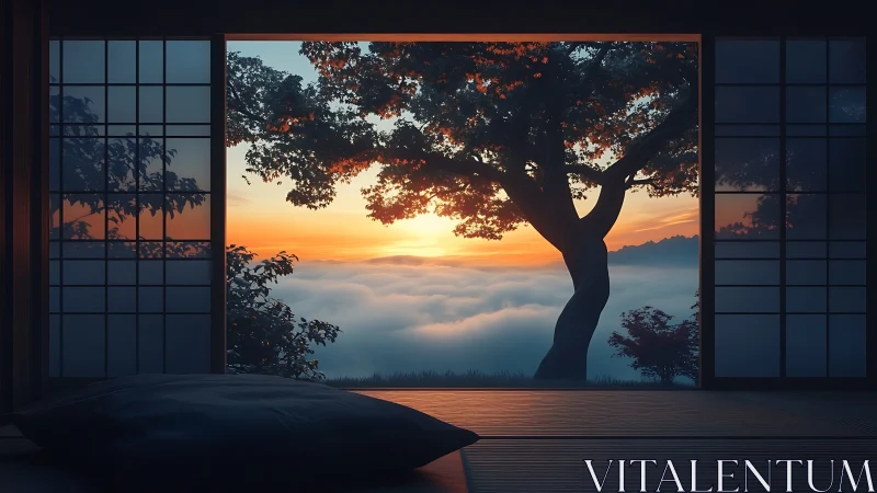 Serene tatami room framing misty valley sunrise view.