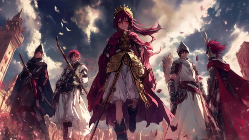 Crimson crowned leader and guardians stride through ruins.