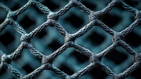 Macro study of interlaced rope mesh under shallow depth of field.