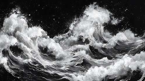 Monochrome seascape with powerful crashing ocean waves.