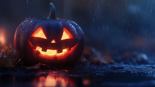 Cinematic jack o lantern with rain-soaked night atmosphere.