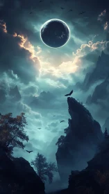 Lunar eclipse sphere dominates misty spiked mountainscape at dusk