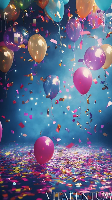Suspended Balloons with Falling Confetti Against Blue Background.